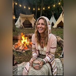 Forever 21 Pink Cream Striped Hooded Cardigan